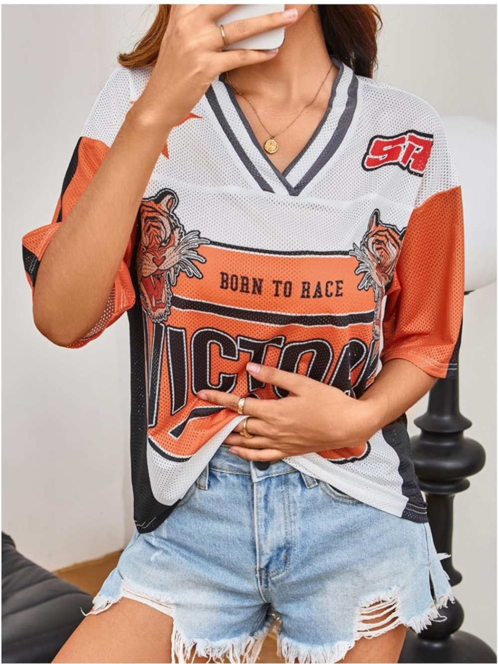 NEW Large Born to Race V-Neck Mesh Graphic Top - Orange / White